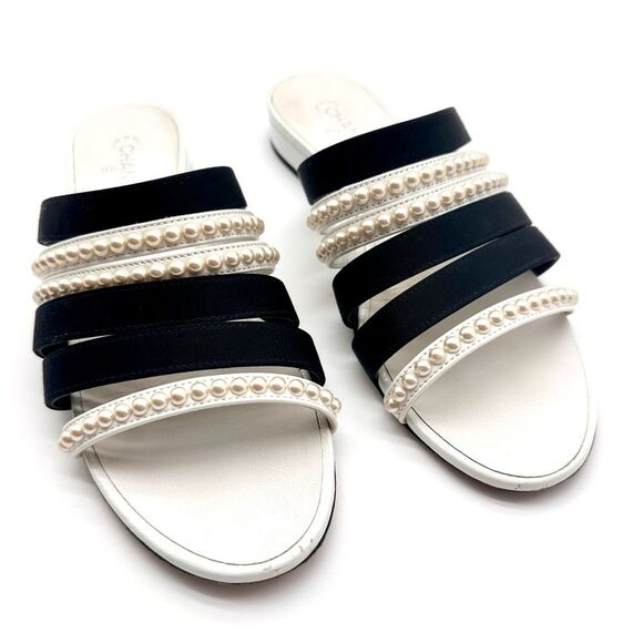 Chanel CC Logo Grosgrain Leather Pearl Straps Mules Sandals White/Black EU 38.5 - Picture 10 of 11